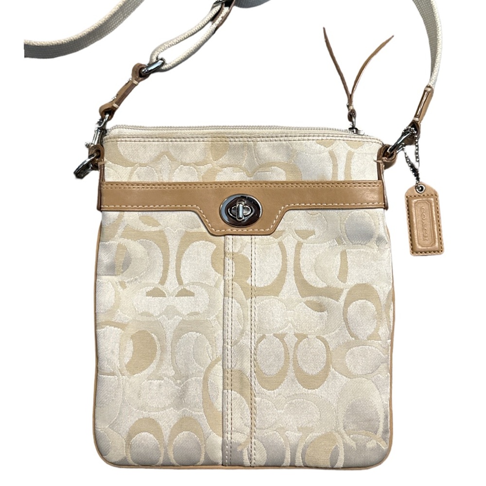 Y2K COACH beige leather canvas monogram crossbody bag.